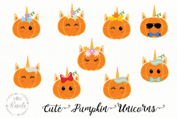Cute Baby Pumpkin Unicorns Clip Art: Graphics for Autumn Content