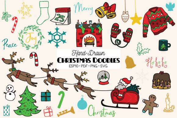 Hand Drawn Christmas Doodles Colored Graphics