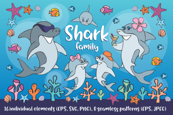 Shark Family Vector Clip Art Seamless